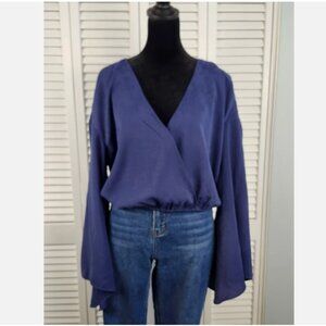 House of Harlow 1906 Blue Faux Wrap Top L V Neck Elastic Waist Bell Sleeve Boho